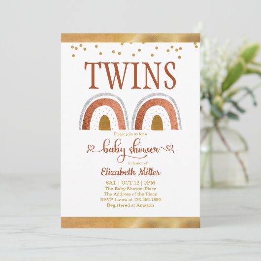 Boho Rainbow Gold Twin Baby shower Invitation (Staand voorkant)