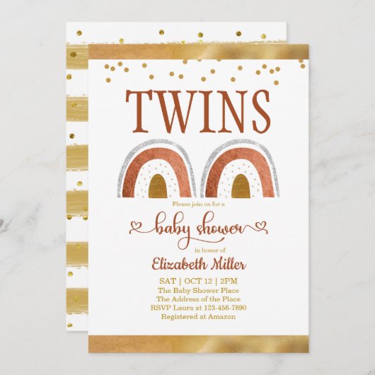 Boho Rainbow Gold Twin Baby shower Invitation (Voorkant / Achterkant)