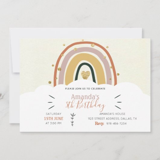 Boho Rainbow Golden Birthday Uitnodiging (Voorkant)