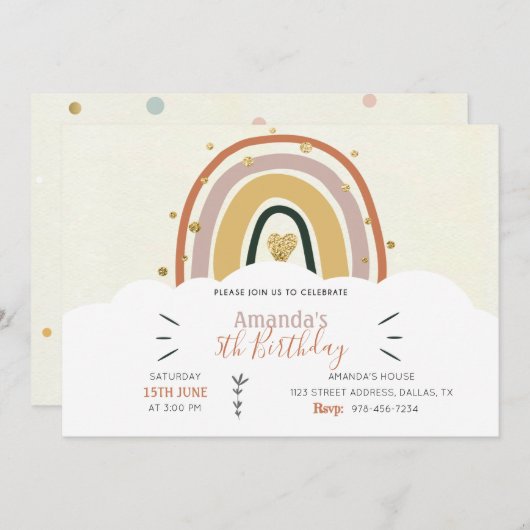 Boho Rainbow Golden Birthday Uitnodiging (Voorkant / Achterkant)