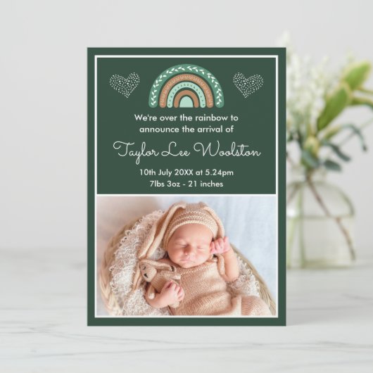 Boho Rainbow Green Birth Announement Aankondiging (Staand voorkant)