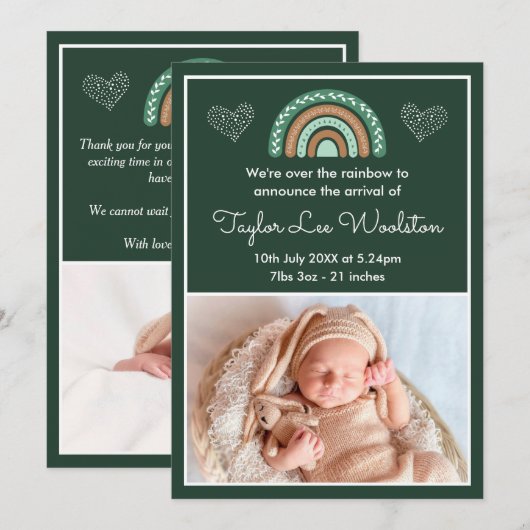 Boho Rainbow Green Birth Announement Aankondiging (Voorkant / Achterkant)