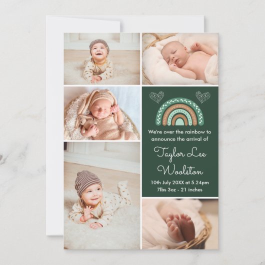 Boho Rainbow Green Birth Announement Aankondiging (Voorkant)