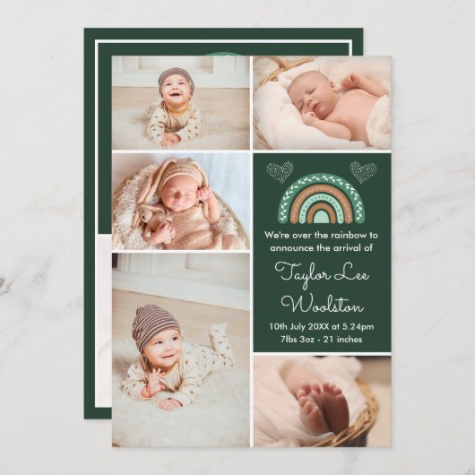 Boho Rainbow Green Birth Announement Aankondiging (Voorkant / Achterkant)