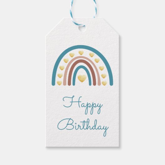 Boho Rainbow Happy Birthday Blue Boy Gift Labels Cadeaulabel (Voorkant)