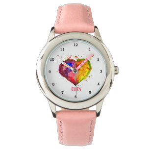 Boho Rainbow Heart Waterverf Cute Girls Roze Kinde Horloge