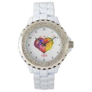 Boho Rainbow Heart Waterverf Schattige Roze Vrouw Horloge