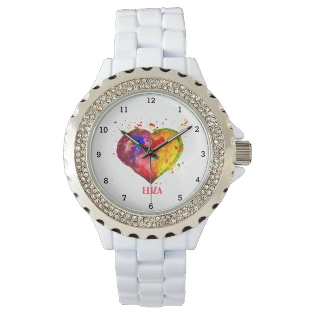 Boho Rainbow Heart Waterverf Schattige Roze Vrouw Horloge (Voorkant)