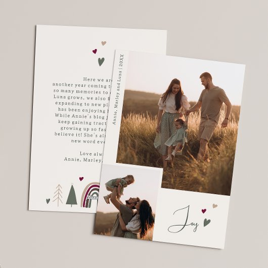 Boho Rainbow & Hearts Joy Beige 2 Foto Kerstmis Feestdagenkaart