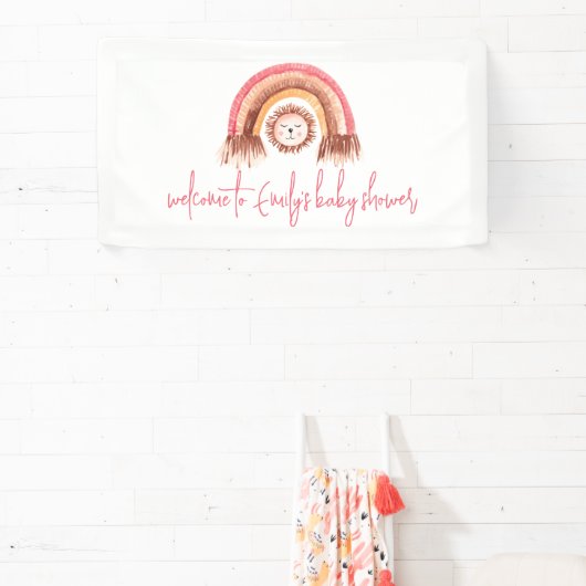 Boho Rainbow Lion Pink Welkom in Baby shower Spandoek (Insitu)