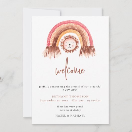 Boho Rainbow Lion Welkom Baby Aankondiging (Voorkant)