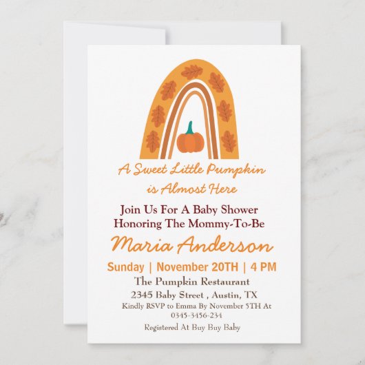 Boho Rainbow Little Pumpkin Herfst Baby shower Kaart (Voorkant)