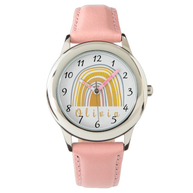 Boho Rainbow met gepersonaliseerde naam Whimsical Horloge (Voorkant)