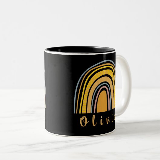 Boho Rainbow met gepersonaliseerde naam Whimsical Tweekleurige Koffiemok (Voorkant rechts)