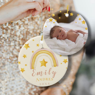 Boho Rainbow met Gold Stars Baby Eerste Kerstmis Keramisch Ornament