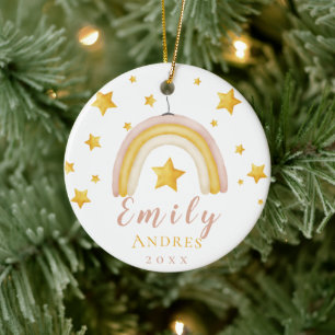 Boho Rainbow met Gold Stars Baby Eerste Kerstmis Keramisch Ornament