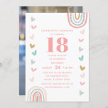 Boho Rainbow Modern 18th Birthday Party Invitation Kaart<br><div class="desc">Boho Pink Rainbow Modern 18th Birthday Party Invitations biedt je moderne 18e verjaardagsfeestje informatie in een roze boho regenboog en hartslag lijst en je favoriete foto aan de achterkant. Ideaal om familie en vrienden uit te nodigen voor je viering. Eenvoudige DIY (Doe het zelf) door de tekst in de tekstvakken...</div>