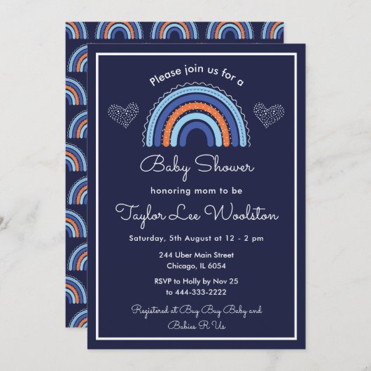 Boho Rainbow Navy Blue Baby shower Kaart (Voorkant / Achterkant)