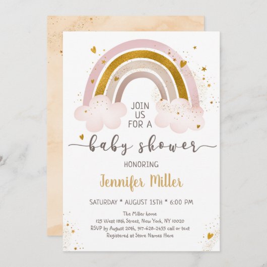 Boho Rainbow Neutral Gold Baby shower Kaart (Voorkant / Achterkant)
