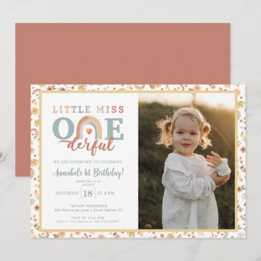 Boho Rainbow Onederful Fotouitnodiging – Aardse 1 Kaart (Voorkant / Achterkant)