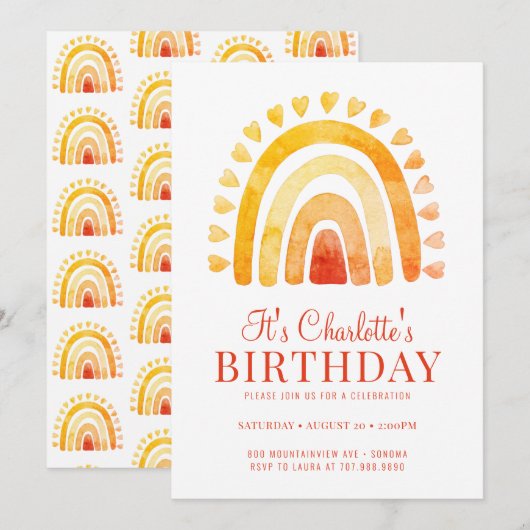 Boho Rainbow Oranje Gold Kind Birthday Party Kaart (Voorkant / Achterkant)