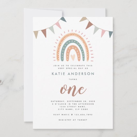 Boho Rainbow Pastel Fiesta First Birthday Kaart (Voorkant)