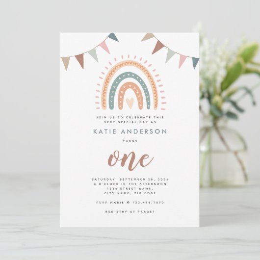 Boho Rainbow Pastel Fiesta First Birthday Kaart (Staand voorkant)