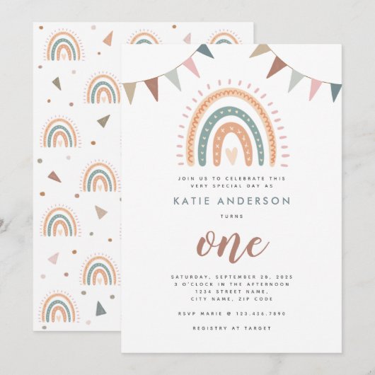 Boho Rainbow Pastel Fiesta First Birthday Kaart (Voorkant / Achterkant)