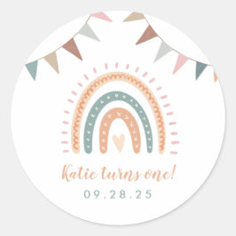 Boho Rainbow Pastel Fiesta First Birthday Ronde Sticker