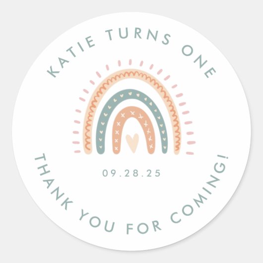 Boho Rainbow Pastel First Birthday Ronde Sticker (Voorkant)