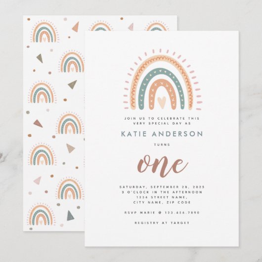 Boho Rainbow Pastel First Birthday Uitnodiging (Voorkant / Achterkant)