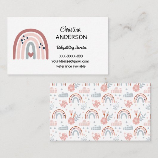 Boho Rainbow Pastel Heart Babysitting Visitekaartje (Voorkant / Achterkant)