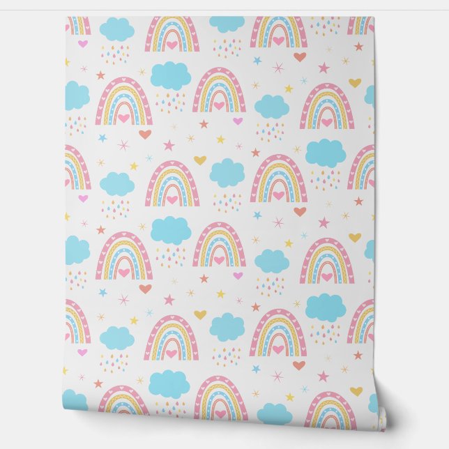 Boho rainbow pattern with clouds pastel Nursery  Behang (Afrollen)