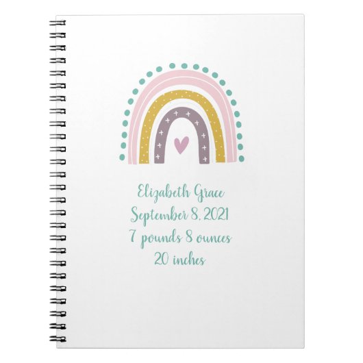 Boho Rainbow Pink Blauwgroen Gold Hearts Baby Gift Notitieboek (Voorkant)