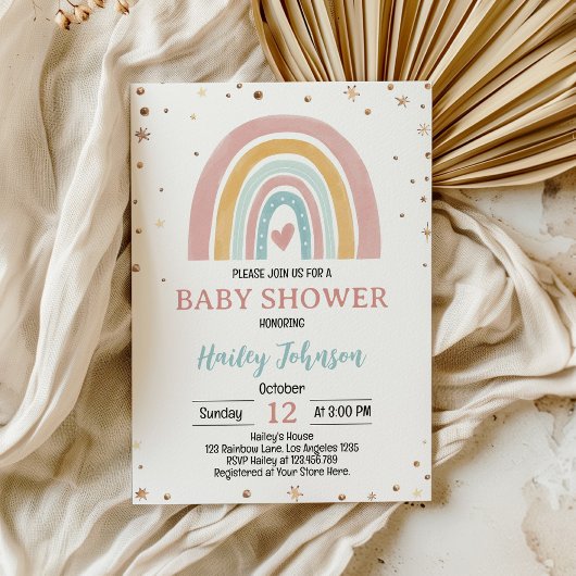 Boho Rainbow Pink Girl Baby shower Kaart