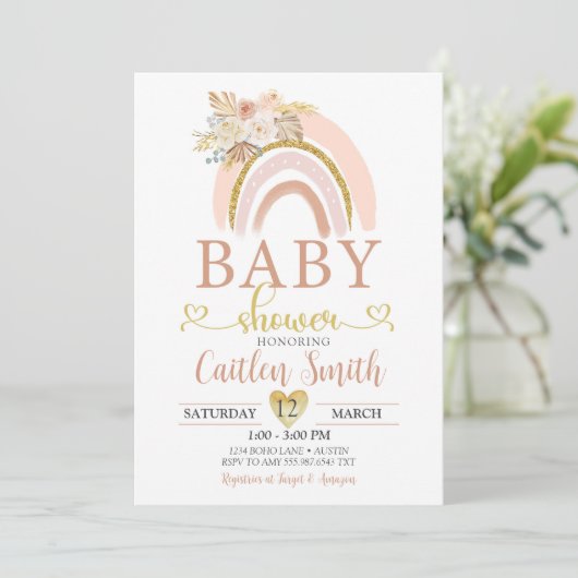 Boho Rainbow Pink Gold Baby shower Uitnodiging (Staand voorkant)