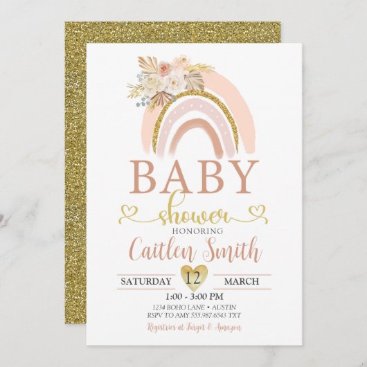 Boho Rainbow Pink Gold Baby shower Uitnodiging (Voorkant / Achterkant)