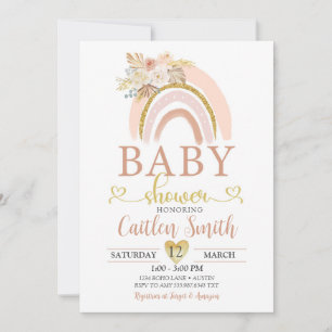 Boho Rainbow Pink Gold Baby shower Uitnodiging