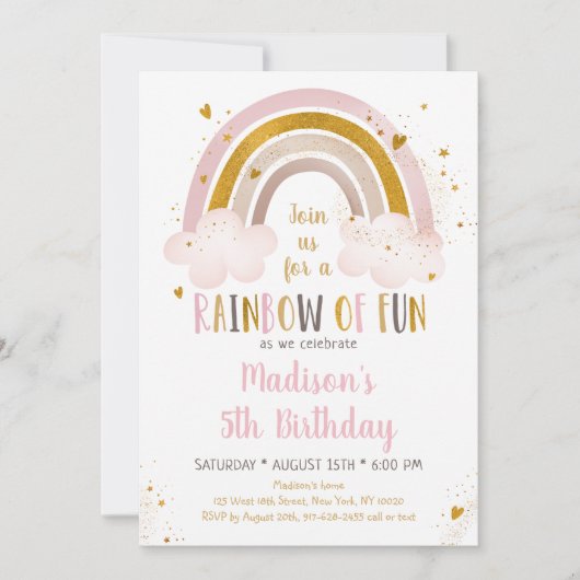 Boho Rainbow Pink Gold Birthday Kaart (Voorkant)