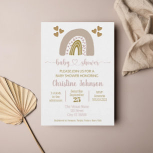 Boho Rainbow Pink Gold Heart Baby Girl Shower Kaart