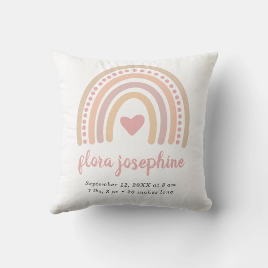 Boho Rainbow Pink Heart Cute Birth Stats Girl Baby Kussen (Achterkant)