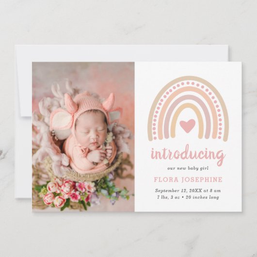 Boho Rainbow Pink Heart Foto Baby Girl Cute Birth Aankondiging (Voorkant)