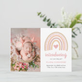 Boho Rainbow Pink Heart Foto Baby Girl Cute Birth Aankondiging (Staand voorkant)
