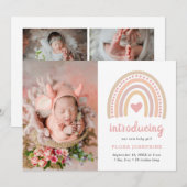 Boho Rainbow Pink Heart Foto Baby Girl Cute Birth Aankondiging (Voorkant / Achterkant)