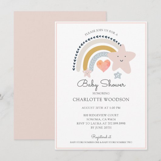 Boho Rainbow Pink Heart Girl Baby shower Kaart (Voorkant / Achterkant)