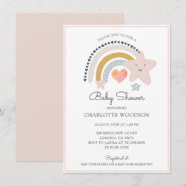 Boho Rainbow Pink Heart Girl Baby shower Kaart