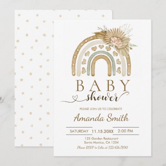 Boho Rainbow Pink Pampas gras Baby shower Kaart (Voorkant / Achterkant)