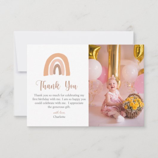 Boho Rainbow Pink Pastel eerste verjaardag Bedankkaart (Voorkant)