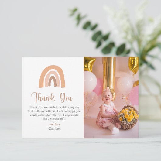 Boho Rainbow Pink Pastel eerste verjaardag Bedankkaart (Staand voorkant)