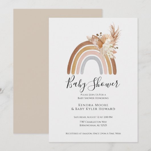 Boho Rainbow Pompas Grass Baby shower Invitation Kaart (Voorkant / Achterkant)